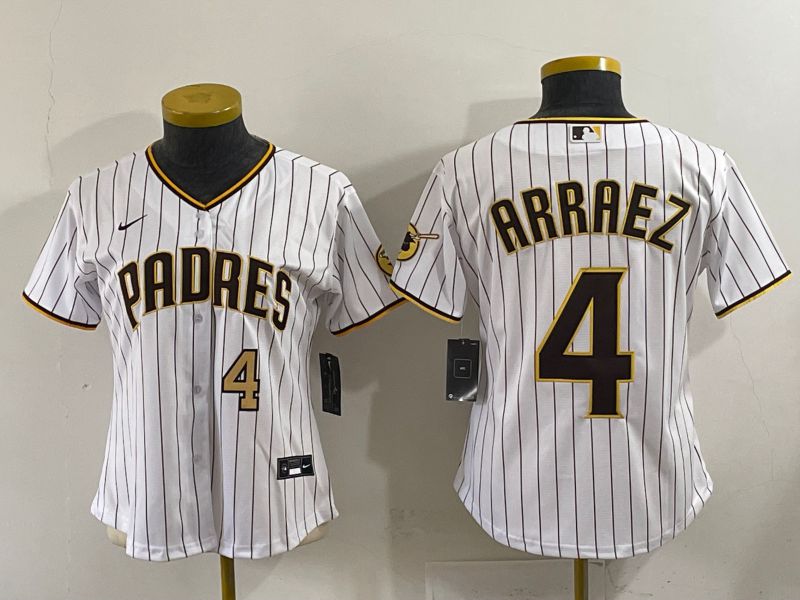 Women 2025 San Diego Padres 4 Arraez White Stripe Game Nike MLB Jersey style 2